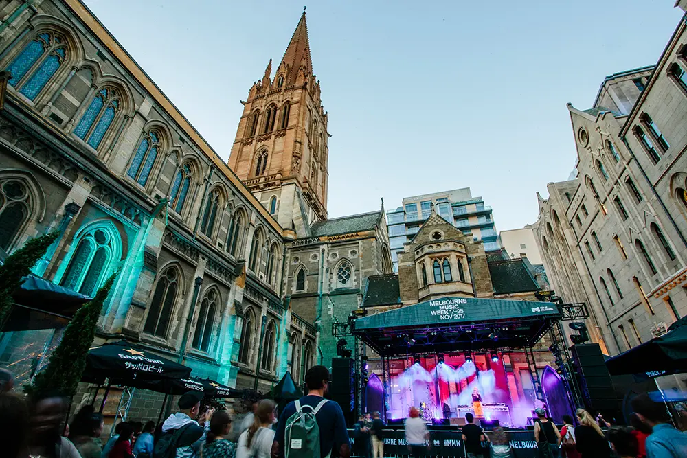 Melbourne Music Week Hub - St Paul's Cathedral, Melbourne, Australia Melbourne Music Week Hub - event design and production, fabrication and installation - St Paul's Cathedral, Melbourne, Australia