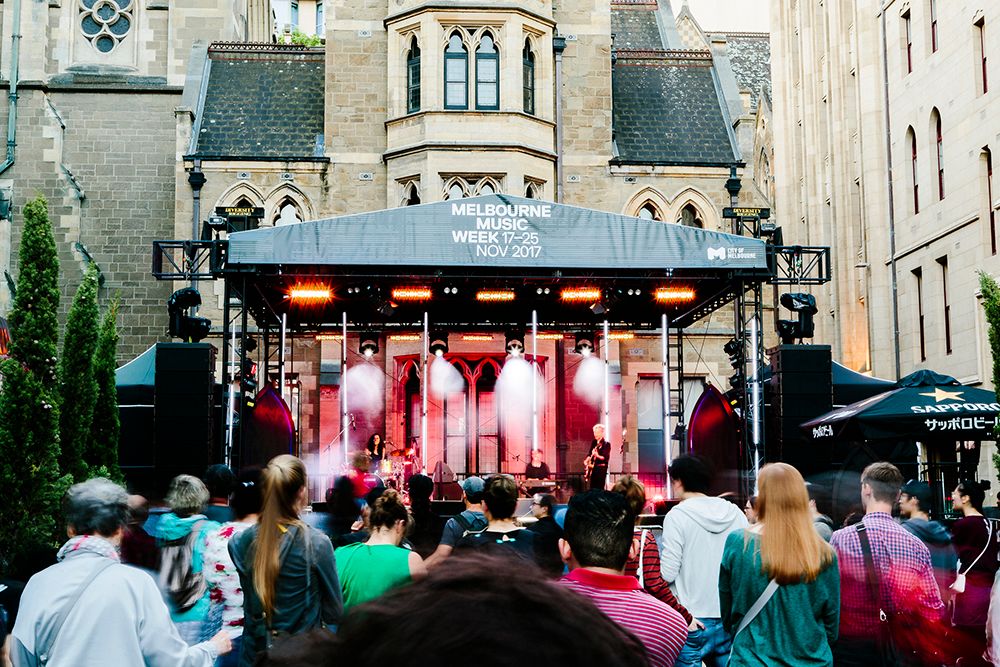 Melbourne Music Week Hub - event design and production, fabrication and installation - St Paul's Cathedral, Melbourne, Australia